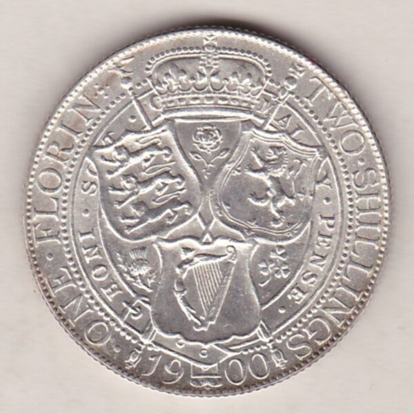 1900 Silver Florin coin. The portrait of Queen Victoria on the Obverse. With a crown above shields of England, Scotland and Ireland on the reverse.