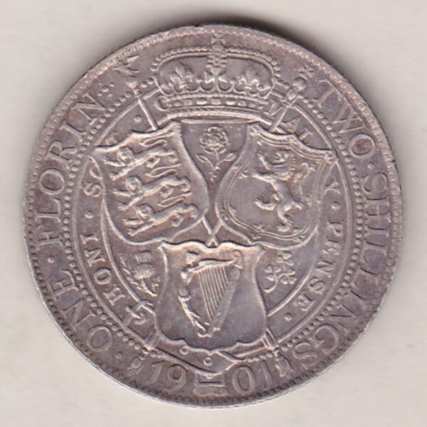 1901 Silver Florin coin. The portrait of Queen Victoria on the Obverse. With a crown above shields of England, Scotland and Ireland on the reverse.