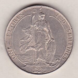 1903 Silver Florin coin. The portrait of King Edward VII on the Obverse. With the standing figure of Britannia on the reverse.