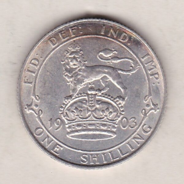 1903 Silver Shilling coin featuring King Edward VII on the Obverse. The Reverse features a crowned lion with date and denomination.