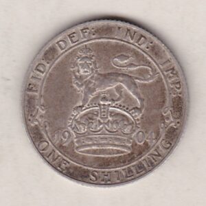 1904 Silver Shilling coin featuring King Edward VII on the Obverse. The Reverse features a crowned lion with date and denomination.