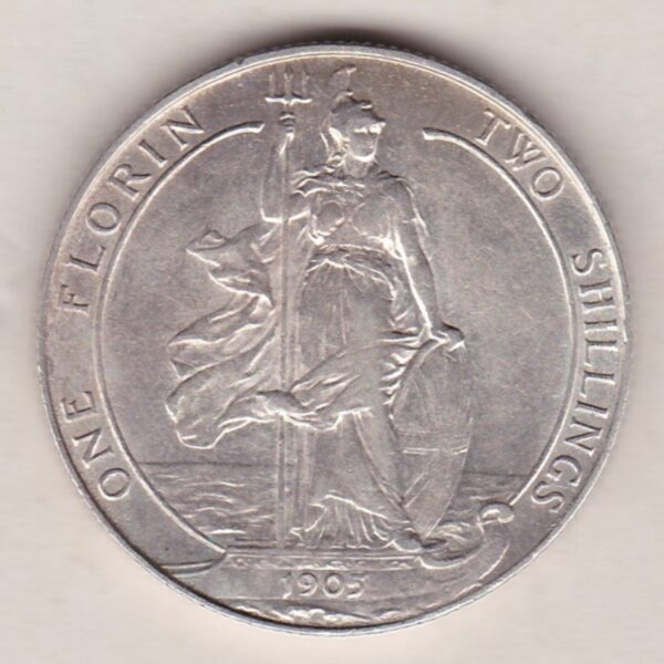 1905 Silver Florin coin. The portrait of King Edward VII on the Obverse. With the standing figure of Britannia on the reverse.