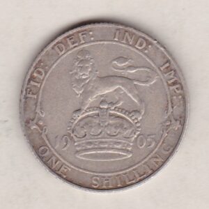 1905 Silver Shilling coin featuring King Edward VII on the Obverse. The Reverse features a crowned lion with date and denomination.