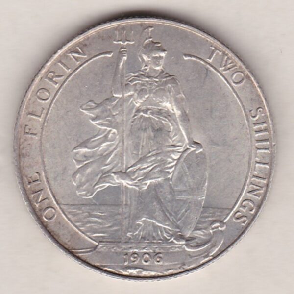 1906 Silver Florin coin. The portrait of King Edward VII on the Obverse. With the standing figure of Britannia on the reverse.