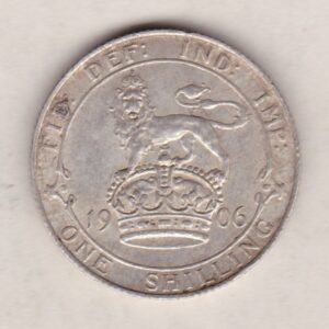 1906 Silver Shilling coin featuring King Edward VII on the Obverse. The Reverse features a crowned lion with date and denomination.