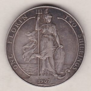 1907 Silver Florin coin. The portrait of King Edward VII on the Obverse. With the standing figure of Britannia on the reverse.