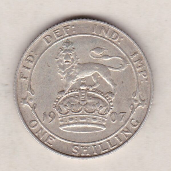 1907 Silver Shilling coin featuring King Edward VII on the Obverse. The Reverse features a crowned lion with date and denomination.