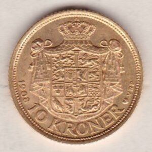 1908 Denmark Gold Ten Kroner Coin. King Frederik VIII on the obverse. The reverse features the Draped crowned national arms above value.