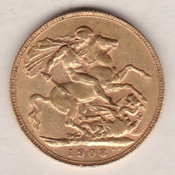 1908 Gold Sovereign Coin. The coin features King Edward VII on the Obverse. St George and the dragon on the reverse. London Mint.