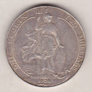 1908 Silver Florin coin. The portrait of King Edward VII on the Obverse. With the standing figure of Britannia on the reverse.