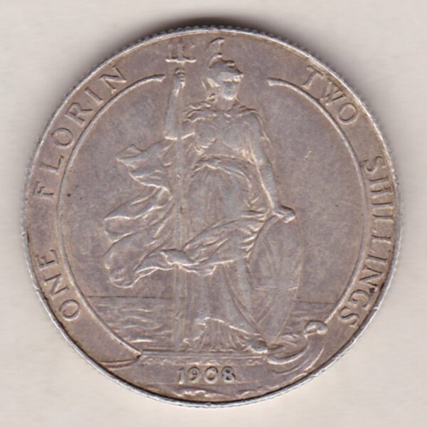 1908 Silver Florin coin. The portrait of King Edward VII on the Obverse. With the standing figure of Britannia on the reverse.