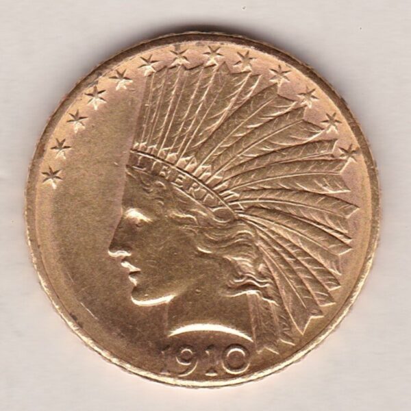 1910 D USA Ten Dollars coin featuring the Indian head surrounded by 13 stars on the Obverse and the eagle on the Reverse.