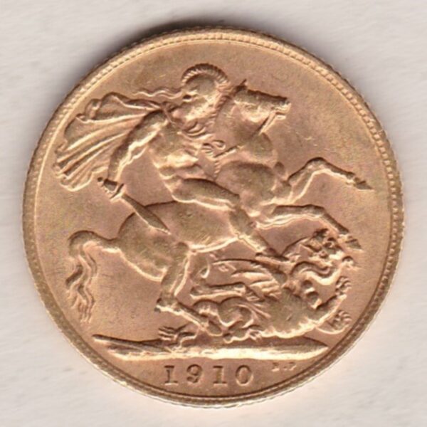 1910 Gold Sovereign Coin. The coin features King Edward VII on the Obverse. St George and the dragon on the reverse. London Mint.