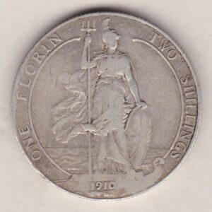 1910 Silver Florin coin. The portrait of King Edward VII on the Obverse. With the standing figure of Britannia on the reverse.