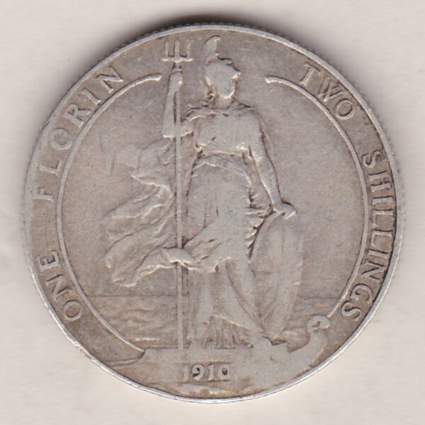 1910 Silver Florin coin. The portrait of King Edward VII on the Obverse. With the standing figure of Britannia on the reverse.