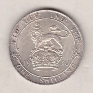 1910 Silver Shilling coin featuring King Edward VII on the Obverse. The Reverse features a crowned lion with date and denomination.