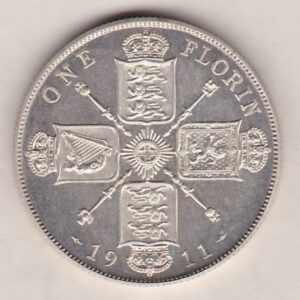 1911 Proof Silver Florin coin. The portrait of King George V on the Obverse. The crowned cruciform shields around central Garter star on the reverse.