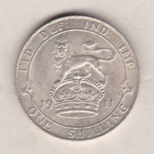 1911 Silver Shilling coin featuring King George V on the Obverse. The Reverse features a crowned lion with date and denomination.