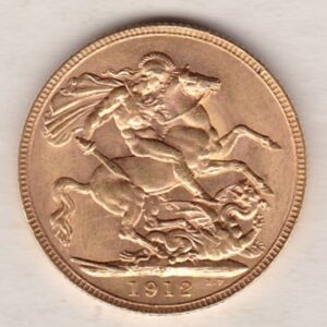 1912 P Gold Sovereign Coin. The coin features King George V on the Obverse. St George and the dragon on the reverse. The P - Perth, Australia mintmark.