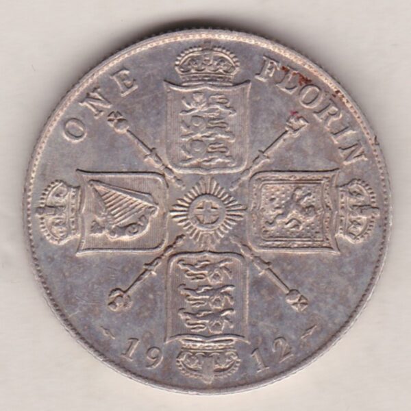 1912 Silver Florin coin. The portrait of King George V on the Obverse. The crowned cruciform shields around central Garter star on the reverse.