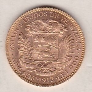 1912 Venezuela Gold Twenty Bolivares coin. The obverse features Bolivar's bust. The reverse features the coat of arms with legend above.