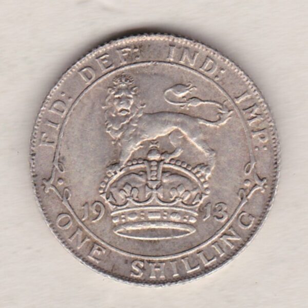 1913 Silver Shilling coin featuring King George V on the Obverse. The Reverse features a crowned lion with date and denomination.