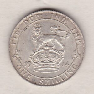 1914 Silver Shilling coin featuring King George V on the Obverse. The Reverse features a crowned lion with date and denomination.