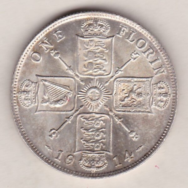 1914 Silver Florin coin. The portrait of King George V on the Obverse. The crowned cruciform shields around central Garter star on the reverse.