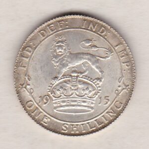 1915 Silver Shilling coin featuring King George V on the Obverse. The Reverse features a crowned lion with date and denomination.