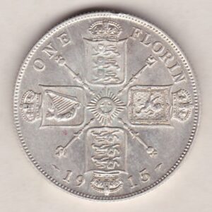 1915 Silver Florin coin. The portrait of King George V on the Obverse. The crowned cruciform shields around central Garter star on the reverse.