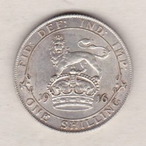 1916 Silver Shilling coin featuring King George VI on the Obverse. The Reverse features a crowned lion with date and denomination.