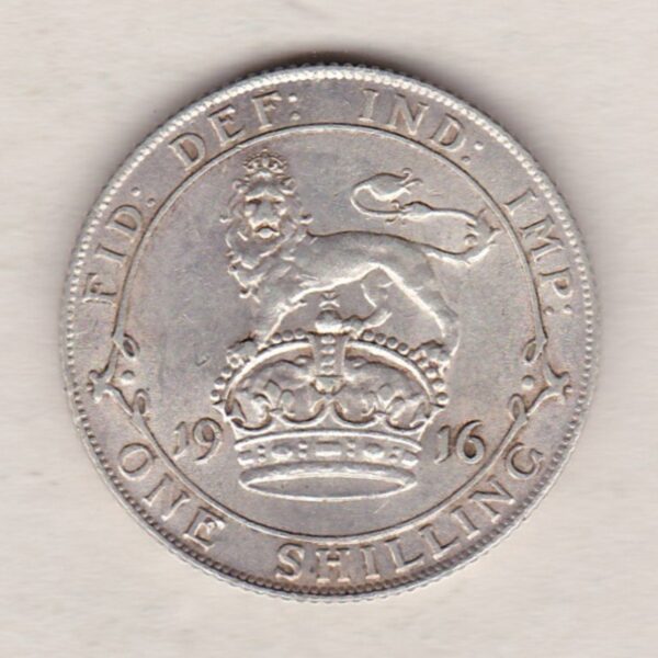 1916 Silver Shilling coin featuring King George V on the Obverse. The Reverse features a crowned lion with date and denomination.