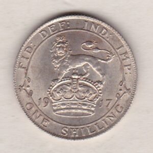 1917 Silver Shilling coin featuring King George VI on the Obverse. The Reverse features a crowned lion with date and denomination.