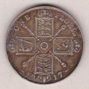 1917 Silver Florin coin. The portrait of King George V on the Obverse. The crowned cruciform shields around central Garter star on the reverse.