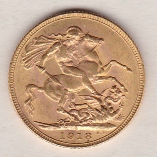 1918 I Gold Sovereign Coin. The coin features King George V on the Obverse. St George and the dragon on the reverse. The I Bombay, India Mintmark.