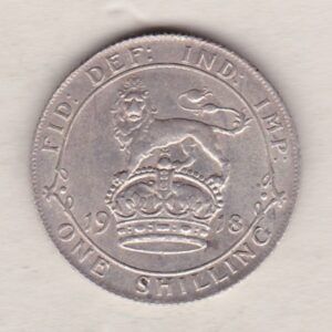 1918 Silver Shilling coin featuring King George VI on the Obverse. The Reverse features a crowned lion with date and denomination.