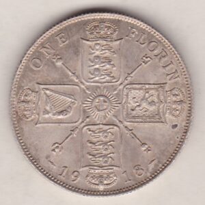 1918 Silver Florin coin. The portrait of King George V on the Obverse. The crowned cruciform shields around central Garter star on the reverse.