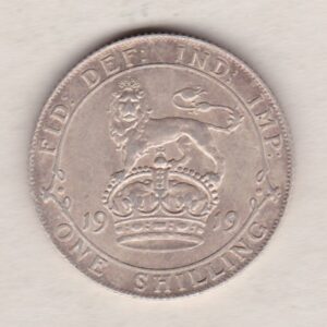 1919 Silver Shilling coin featuring King George V on the Obverse. The Reverse features a crowned lion with date and denomination.