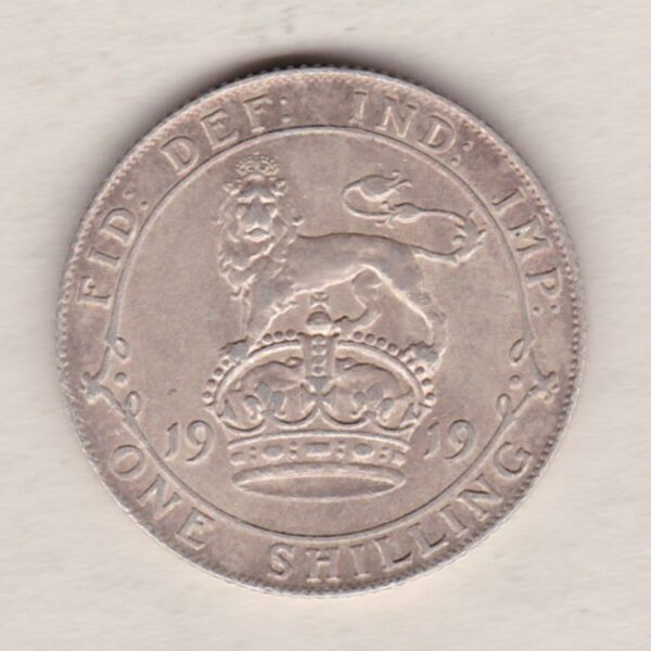 1919 Silver Shilling coin featuring King George V on the Obverse. The Reverse features a crowned lion with date and denomination.