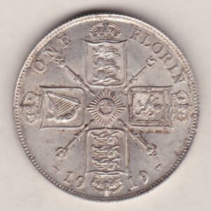 1919 Silver Florin coin. The portrait of King George V on the Obverse. The crowned cruciform shields around central Garter star on the reverse.