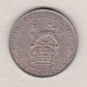 1921 Silver Shilling coin featuring King George V on the Obverse. The Reverse features a crowned lion with date and denomination.