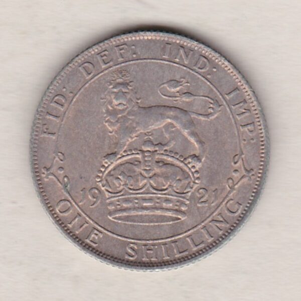 1921 Silver Shilling coin featuring King George V on the Obverse. The Reverse features a crowned lion with date and denomination.