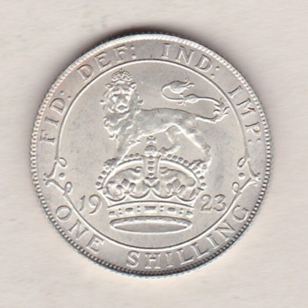 1923 Silver Shilling coin featuring King George V on the Obverse. The Reverse features a crowned lion with date and denomination.