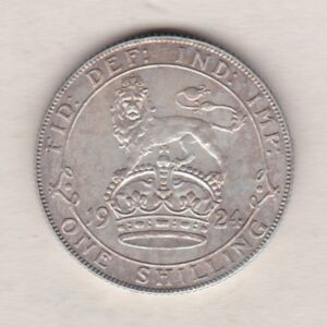 1924 Silver Shilling coin featuring King George VI on the Obverse. The Reverse features a crowned lion with date and denomination.