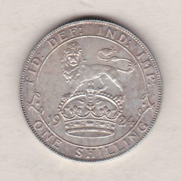 1924 Silver Shilling coin featuring King George V on the Obverse. The Reverse features a crowned lion with date and denomination.