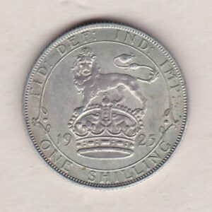 1925 Silver Shilling coin featuring King George V on the Obverse. The Reverse features a crowned lion with date and denomination.