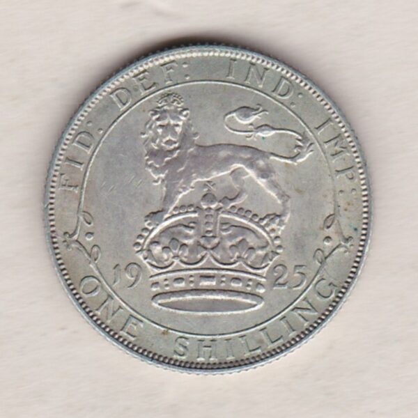 1925 Silver Shilling coin featuring King George V on the Obverse. The Reverse features a crowned lion with date and denomination.