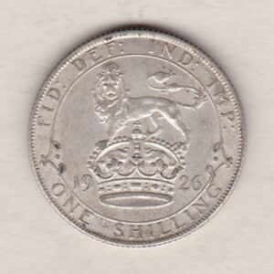 1926 Silver Shilling coin featuring King George V on the Obverse. The Reverse features a crowned lion with date and denomination.