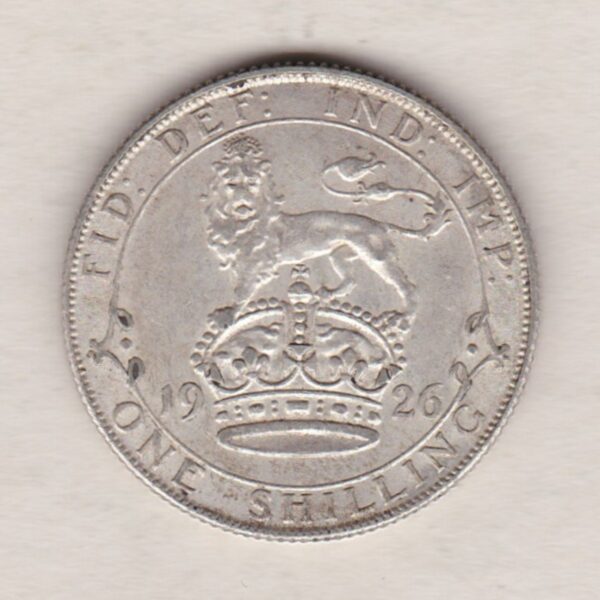 1926 Silver Shilling coin featuring King George VI on the Obverse. The Reverse features a crowned lion with date and denomination.