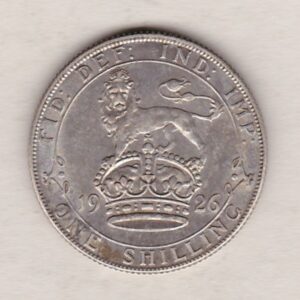 1926 Modified Effigy Silver Shilling coin featuring King George VI on the Obverse. The Reverse features a crowned lion with date and denomination.